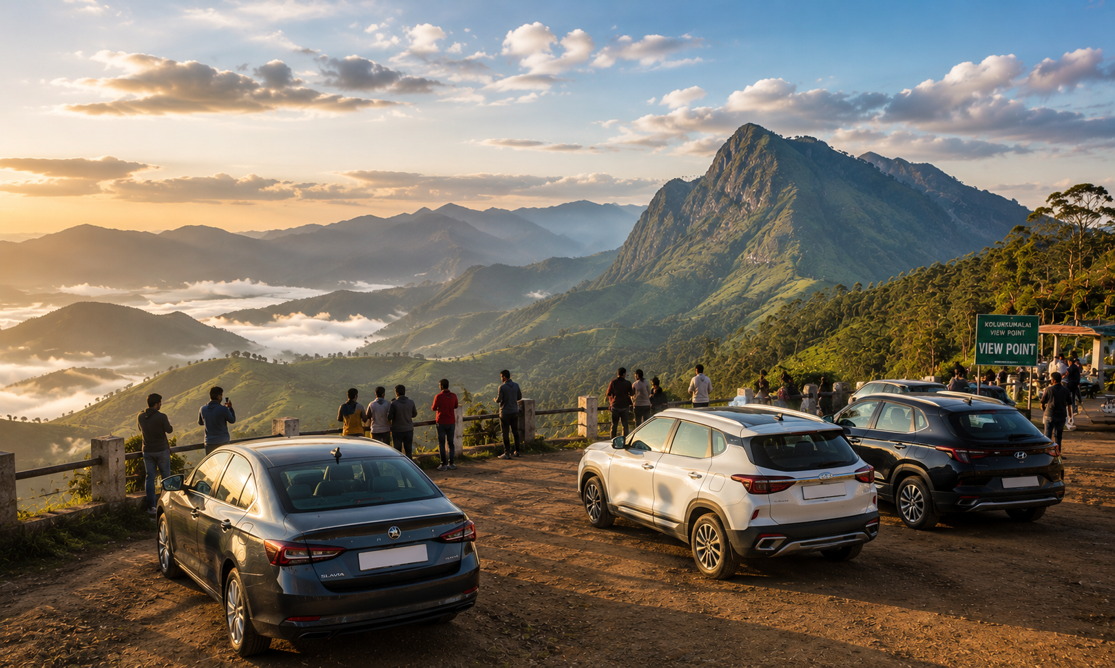 Kolukkumalai tea gardens with rolling hills and mist