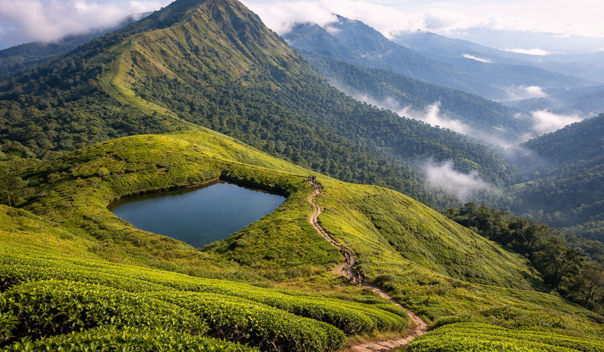 Chembra Peak with the famous heart-shaped lake in Wayanad