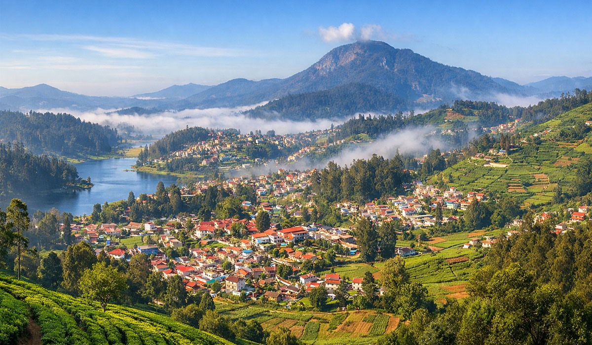 Yercaud lake surrounded by green hills and orange groves